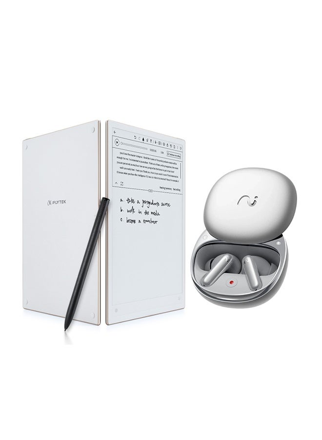 iFLYTEK تابلت الكتابة الرقمية AINOTE 2، شاشة E-ink، دفتر ملاحظات إلكتروني مع قلم ستايلس مع سماعات أذن لاسلكية Viaim RecDot AI للمؤتمرات باللون الفضي - Image 1